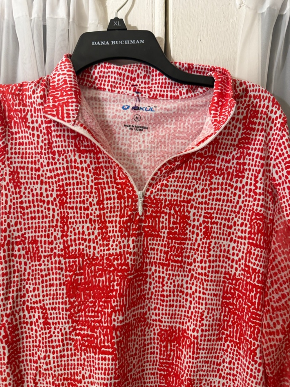 IBKÜL women's Medium long-sleeve quarter-zip pullover in a red/white pattern